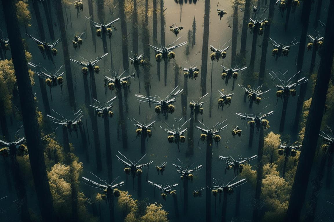 Рой дронов над лесом